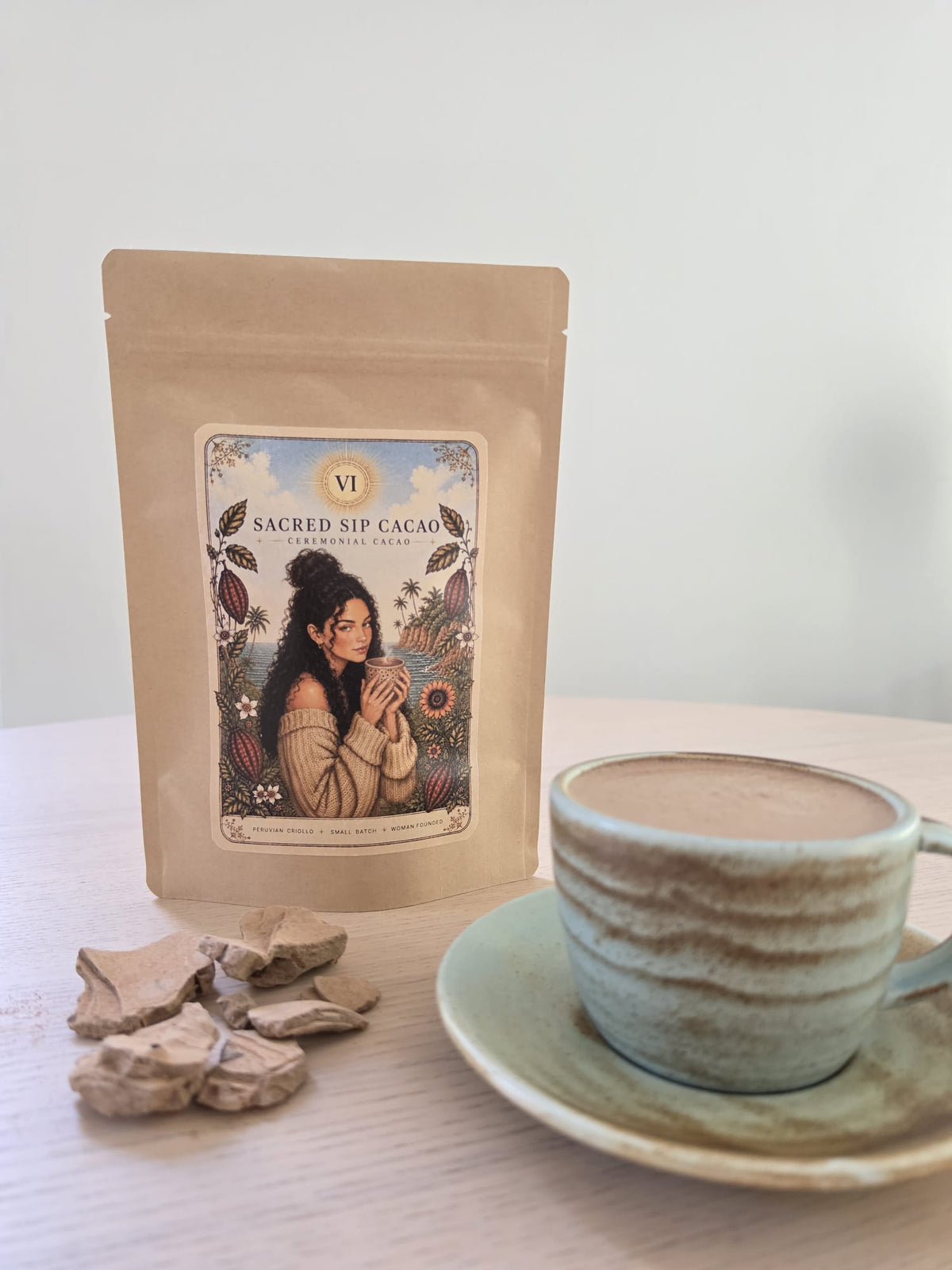 Ceremonial Grade Criollo cacao from Peru in Sacred Sip Cacao packaging.