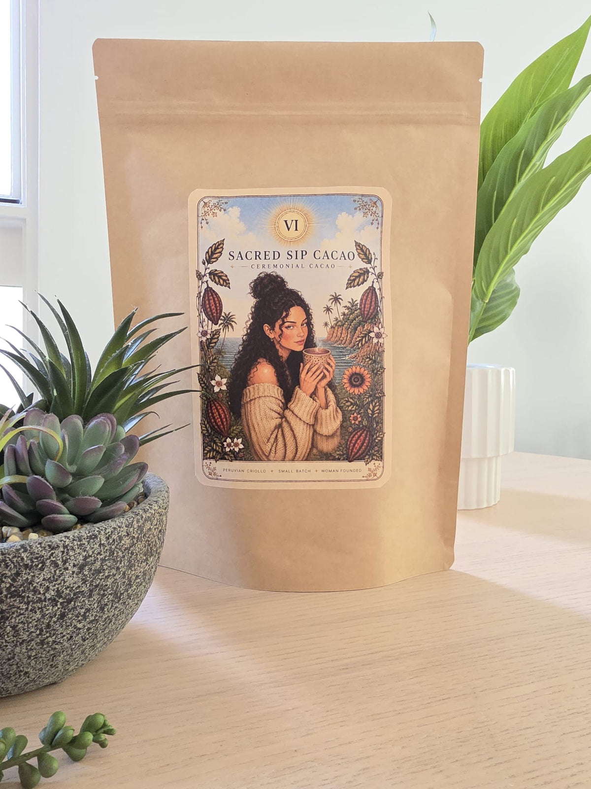 Ceremonial Grade Criollo cacao from Peru in Sacred Sip Cacao packaging