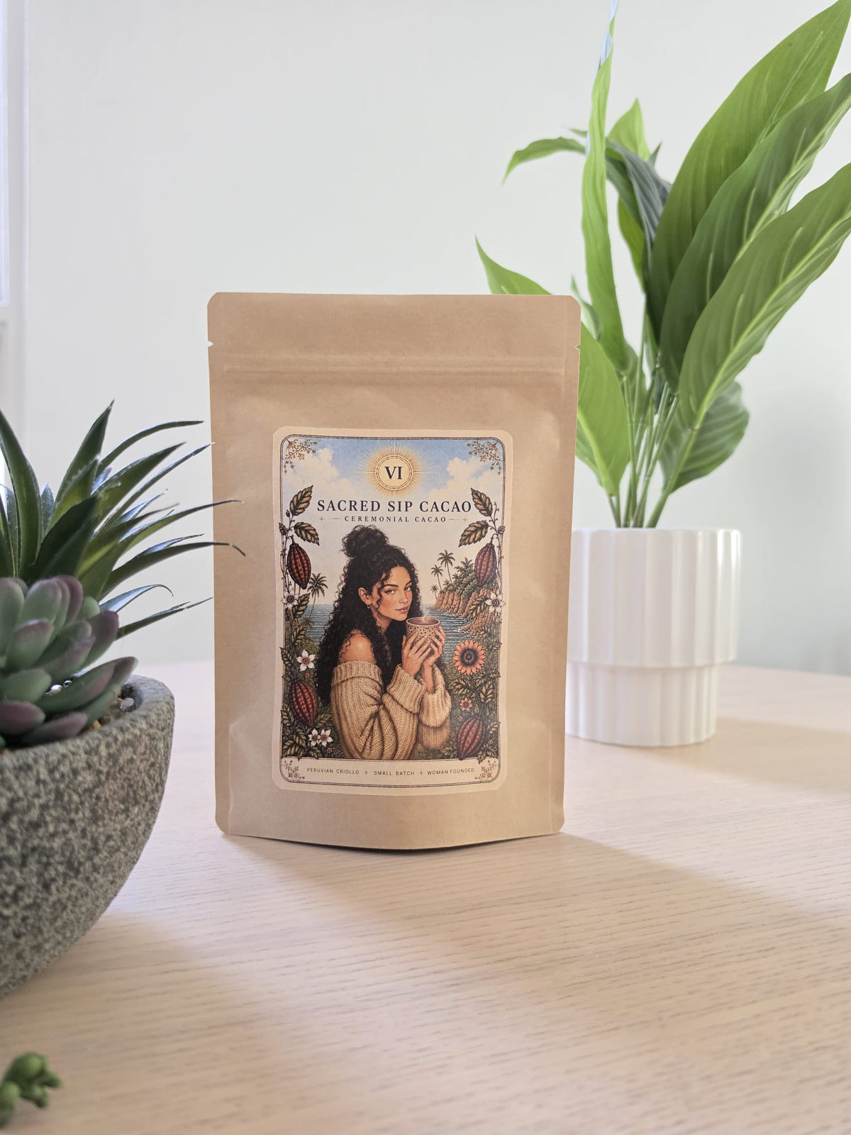 Ceremonial Grade Criollo cacao from Peru in Sacred Sip Cacao packaging
