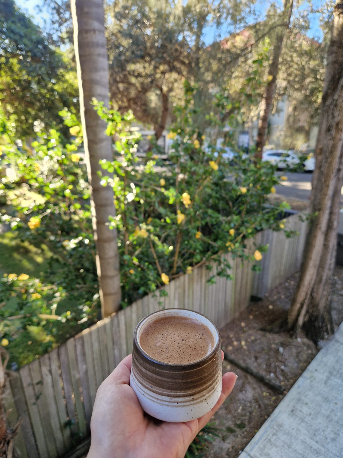 Sacred Sip Cacao prepared in a mug with palm trees in the background